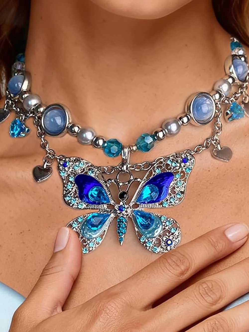 Anthropologie Blue & Aqua Butterfly Pendant Necklace - Picture 2 of 5
